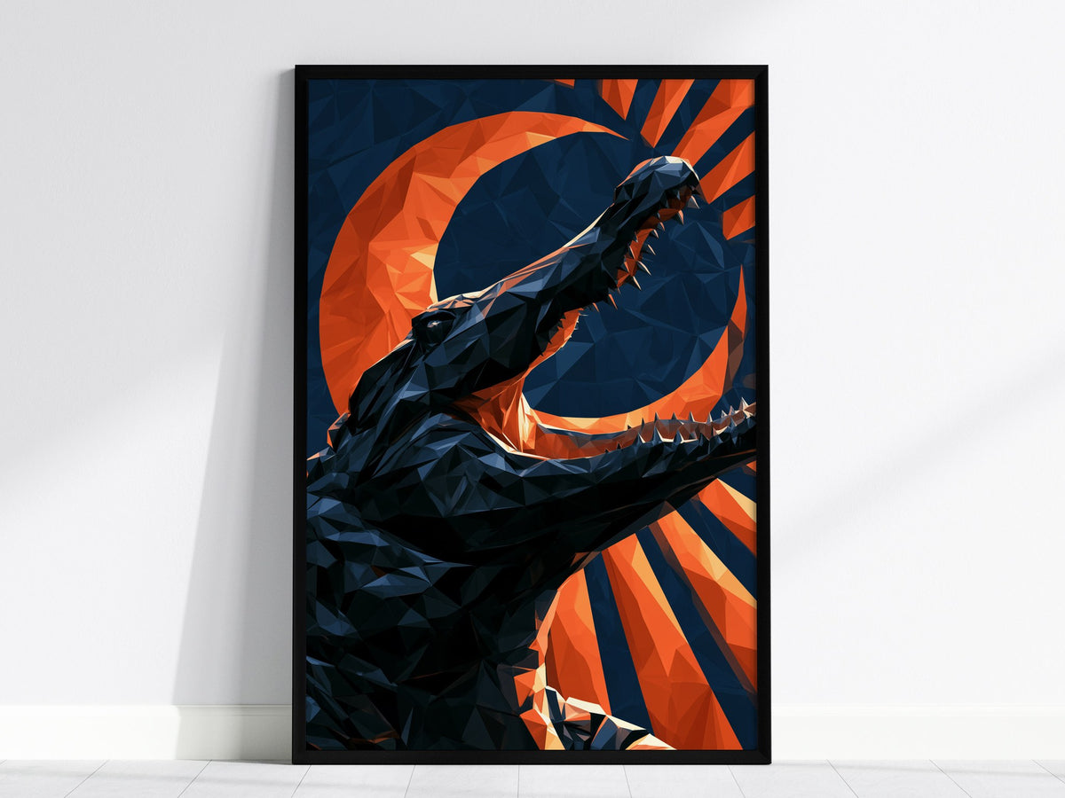 Gator Owns Crescent Poster | Orange and Navy Low Poly Art Print | Dark Fantasy Wall Art — framed print on the wall, 24x36 in