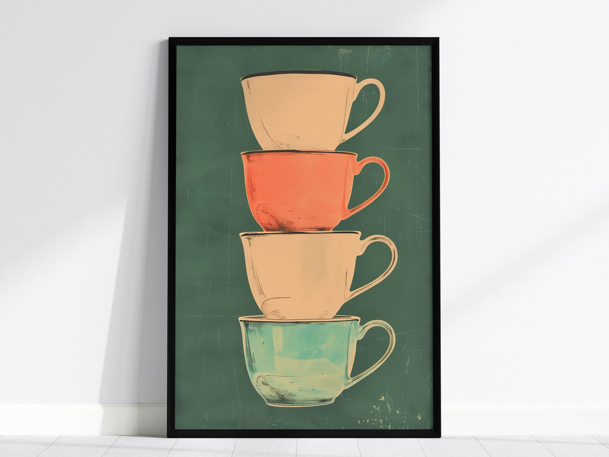 Stacked Teacups Poster | Coral and Teal Screen Print Art Print | Kitchen Wall Art — framed print on the wall, 24x36 in
