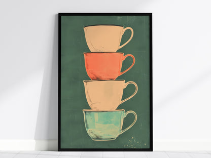 Stacked Teacups Poster | Coral and Teal Screen Print Art Print | Kitchen Wall Art — framed print on the wall, 24x36 in
