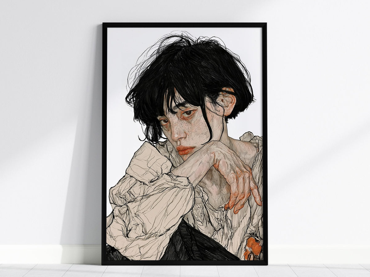 resting-hands Poster | Black and White Pen and Ink Art Print | Dark Academia Wall Art — framed print on the wall, 24x36 in