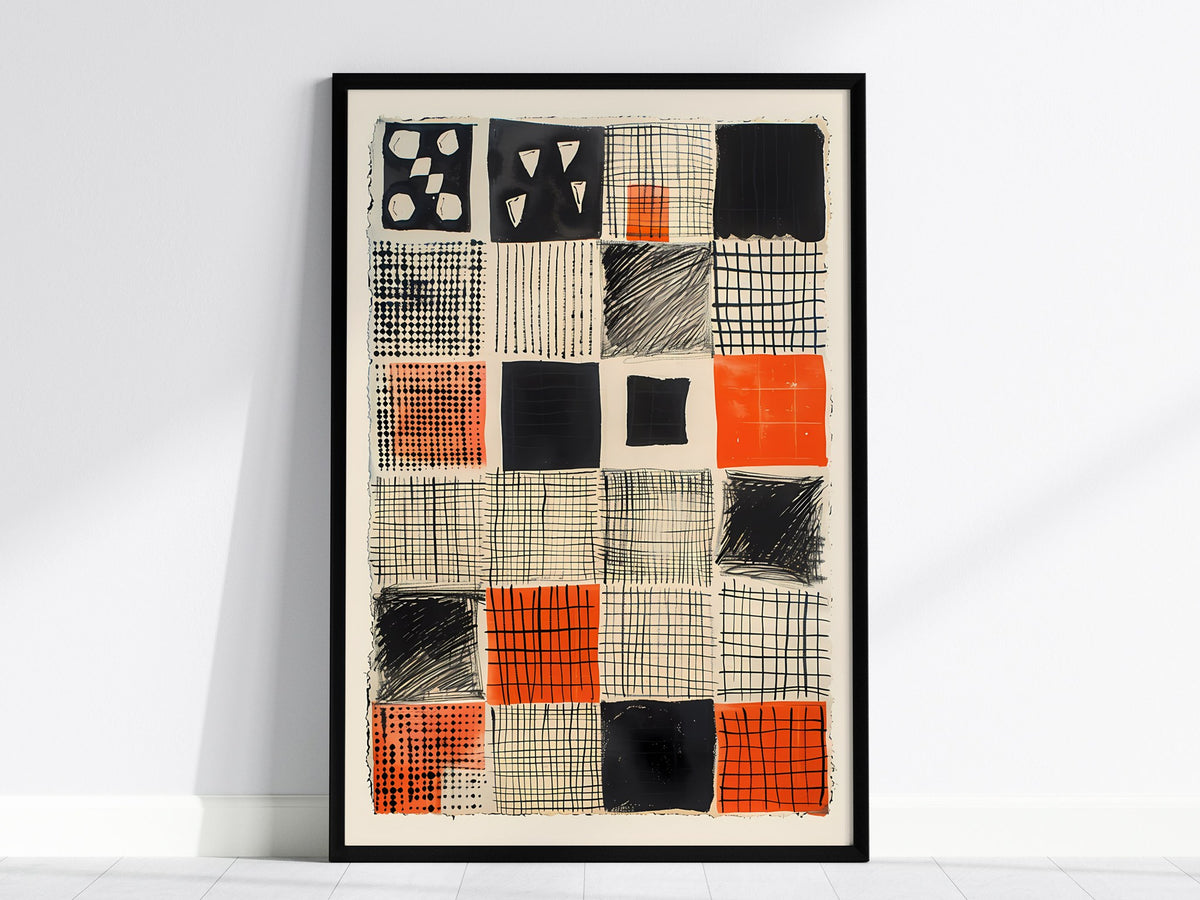 Obsessive Grid Poster | Black and Burnt Abstract Art Print | Minimalist Wall Art — framed print on the wall, 24x36 in