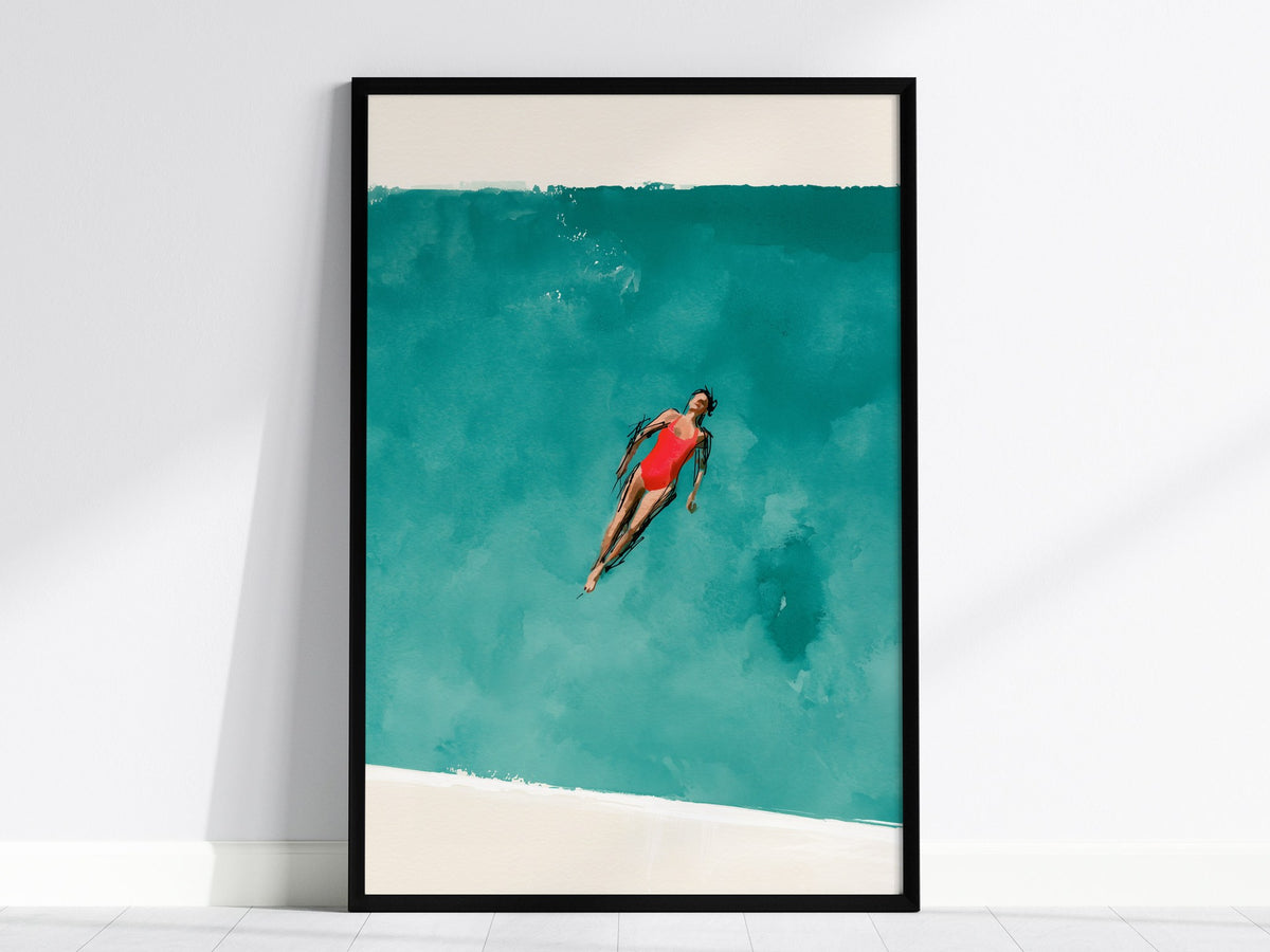 Swimmer in Pool Poster | Teal and Coral Watercolor Art Print | Spa Wall Art — framed print on the wall, 24x36 in