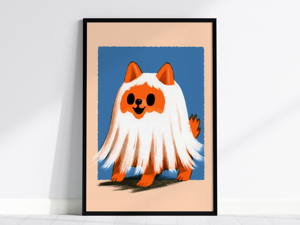 Ghost Dog Poster | Orange and Cobalt Illustrative Art Print | Kids Room Wall Art — framed print on the wall, 24x36 in