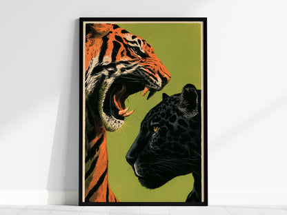 Tiger Taunts Panther Poster | Chartreuse and Black Screen Print Art Print | Graphic Design Wall Art — framed print on the wal