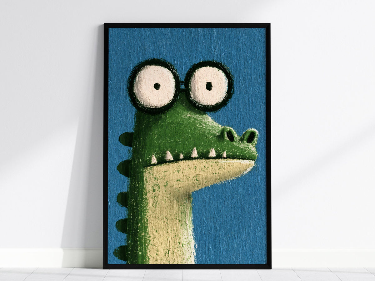 Wide-eyed Crocodile Poster | Green and Cobalt Illustrative Art Print | Kids Room Wall Art — framed print on the wall, 24x36 i