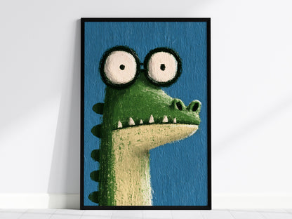 Wide-eyed Crocodile Poster | Green and Cobalt Illustrative Art Print | Kids Room Wall Art — framed print on the wall, 24x36 i