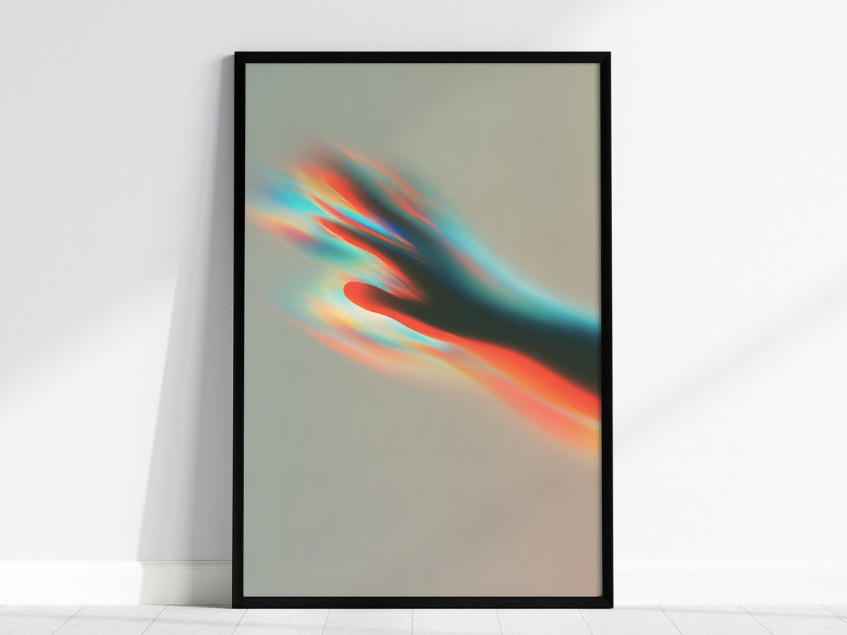 Almost Gone Poster | Coral and Cyan Abstract Art Print | Dark Fantasy Wall Art — framed print on the wall, 24x36 in