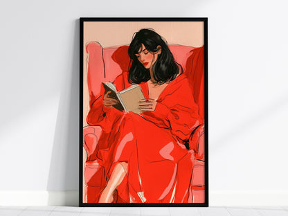 Woman Reading In Red Poster | Coral and Pink Illustrative Art Print | Quiet Interiors Wall Art — framed print on the wall, 24