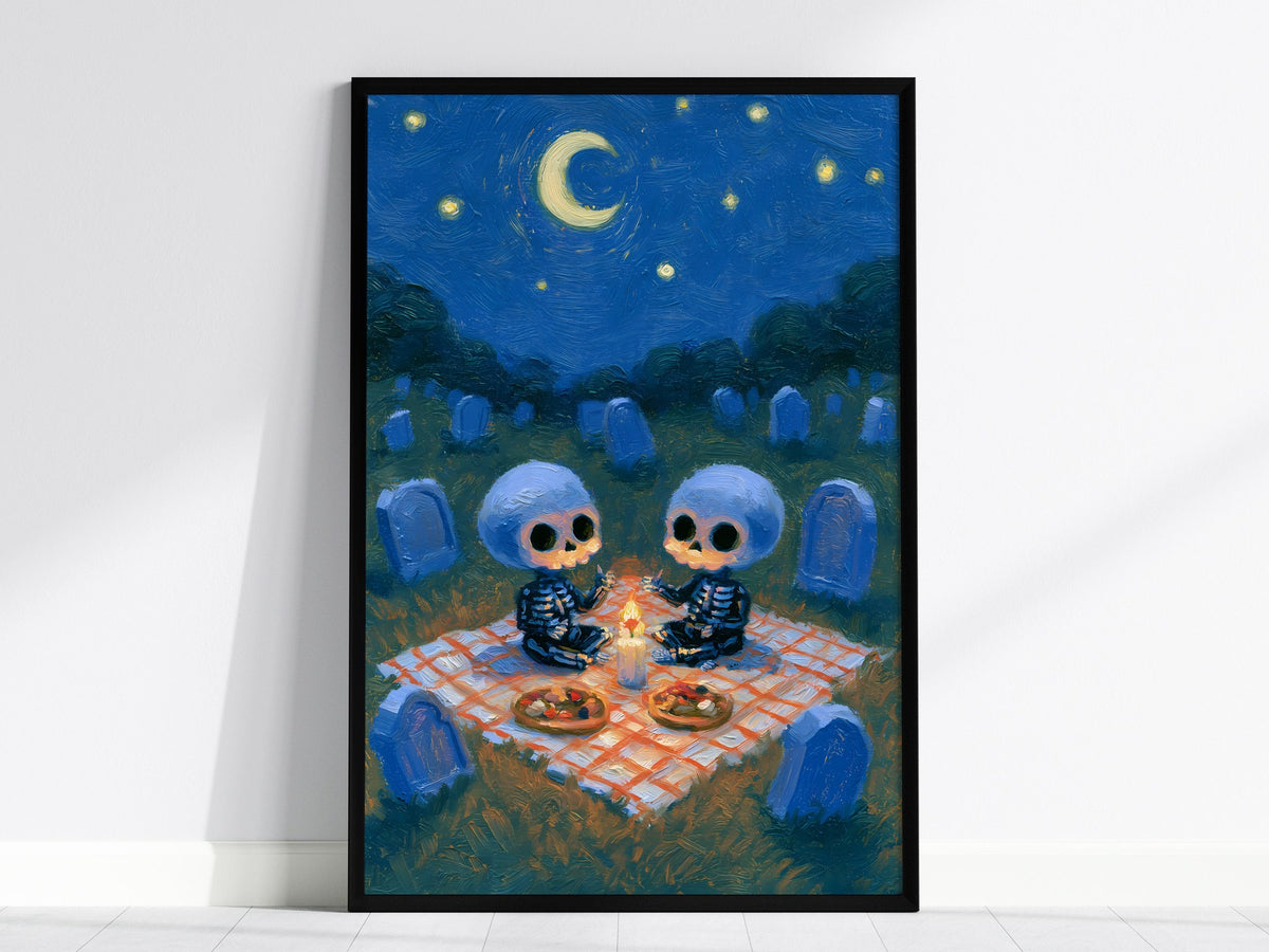 Skeleton Picnic Poster | Cobalt and Red Oil Painting Art Print | Goth Wall Art — framed print on the wall, 24x36 in