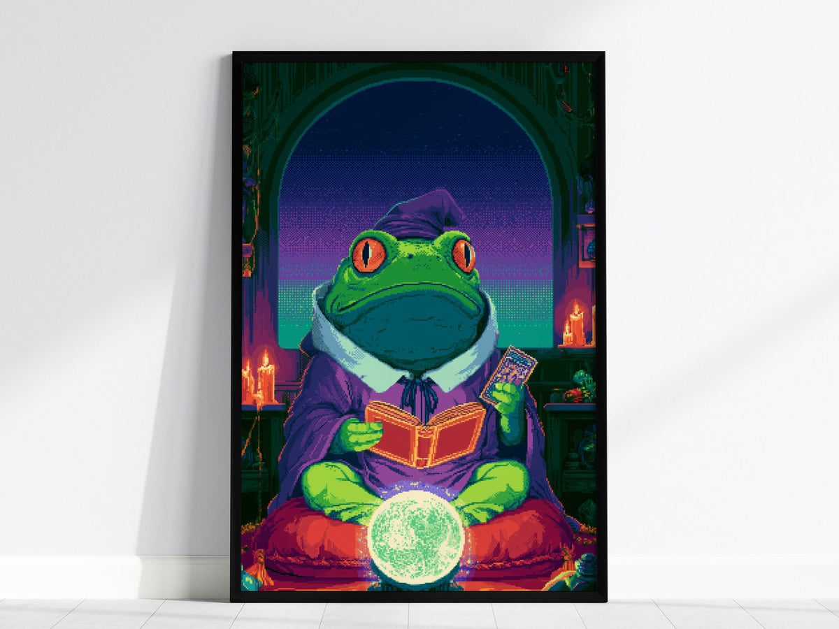 Frog Sees Fortune Poster | Purple and Teal Pixel Art Print | Dark Fantasy Wall Art — framed print on the wall, 24x36 in