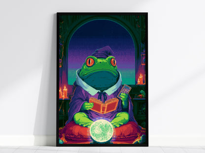 Frog Sees Fortune Poster | Purple and Teal Pixel Art Print | Dark Fantasy Wall Art — framed print on the wall, 24x36 in