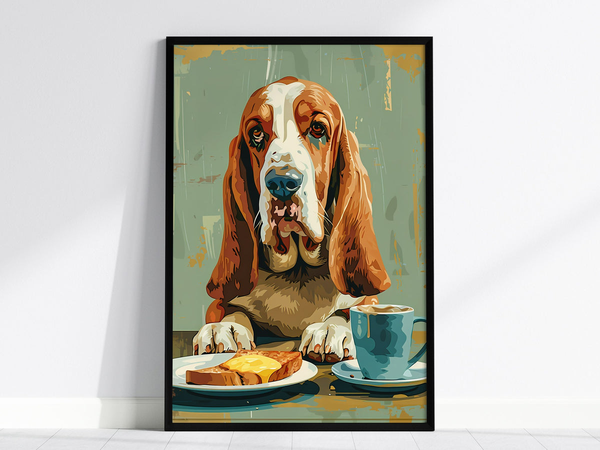 Hound Waits for Toast Poster | Tan and Cobalt Illustrative Art Print | Kitchen Wall Art — framed print on the wall, 24x36 in