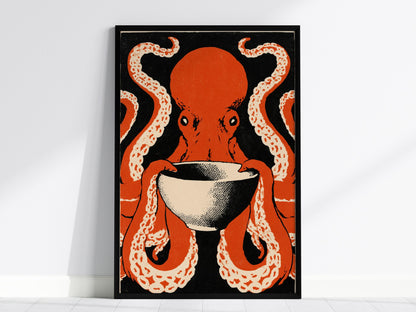 Breakfast Octopus Poster | Cream and Rust Screen Print Art Print | Kitchen Wall Art — framed print on the wall, 24x36 in