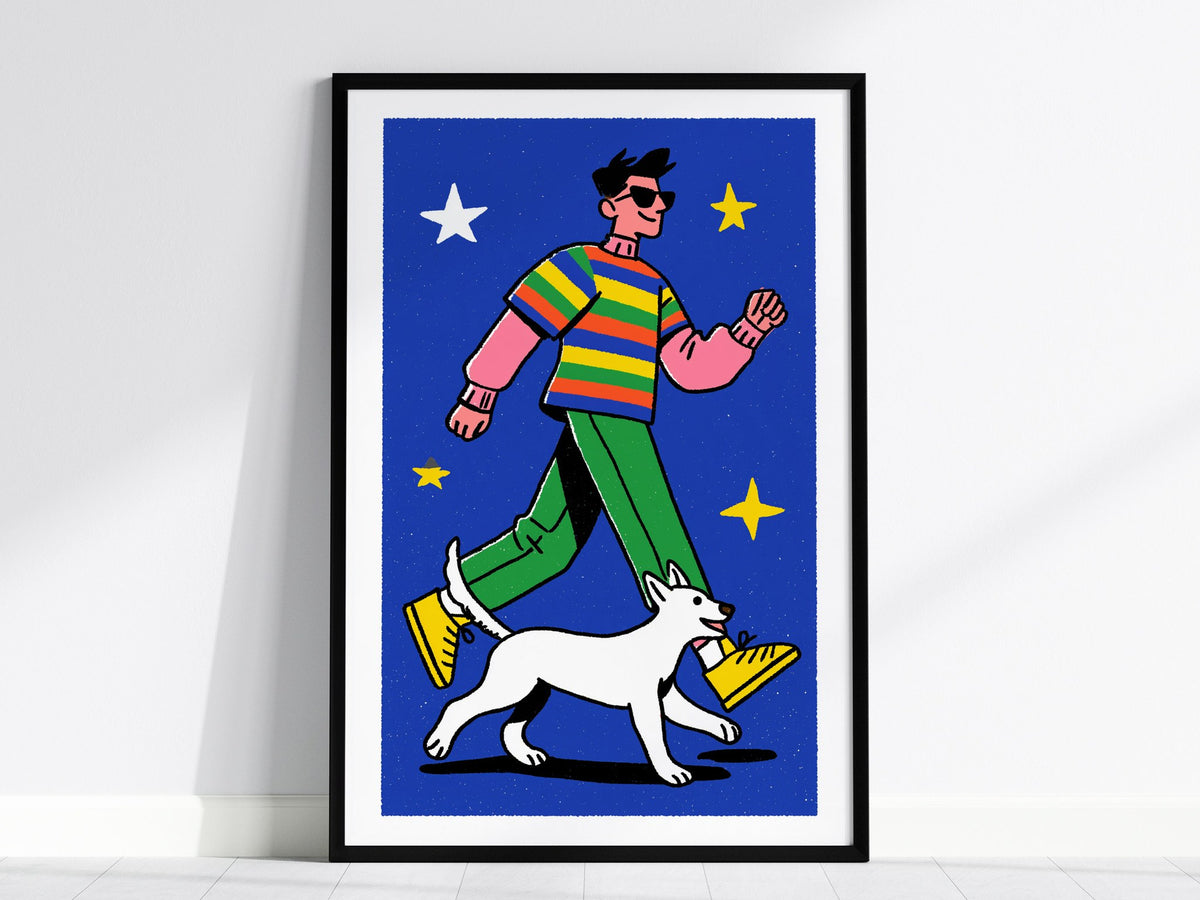 hero-and-cat Poster | Warm Ochre Illustrative Art Print | Kids Room Wall Art — framed print on the wall, 24x36 in