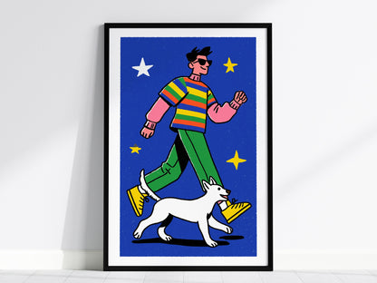 hero-and-cat Poster | Warm Ochre Illustrative Art Print | Kids Room Wall Art — framed print on the wall, 24x36 in