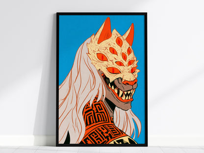 Fox Mask Grin Poster | Orange and Blue Illustrative Art Print | Dark Fantasy Wall Art — framed print on the wall, 24x36 in