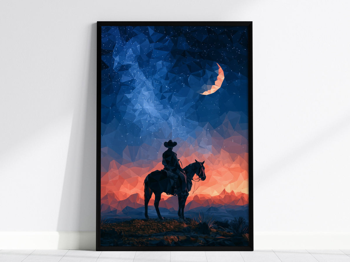 Cowboy Owns Night Poster | Deep Blue Low Poly Art Print | Western Modern Wall Art — framed print on the wall, 24x36 in