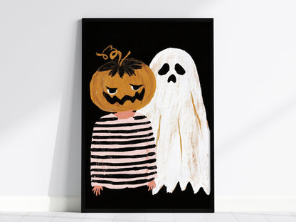 Pumpkin and Ghost Poster | Pink and Orange Illustrative Art Print | Kids Room Wall Art — framed print on the wall, 24x36 in