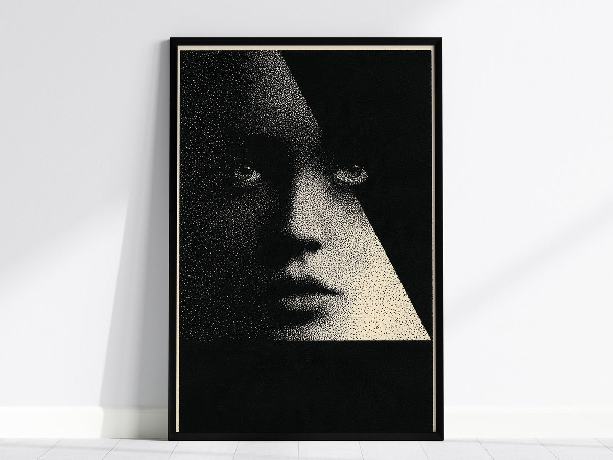 Face Emerging Light Poster | Black and Cream Pen and Ink Art Print | Dark Academia Wall Art — framed print on the wall, 24x36