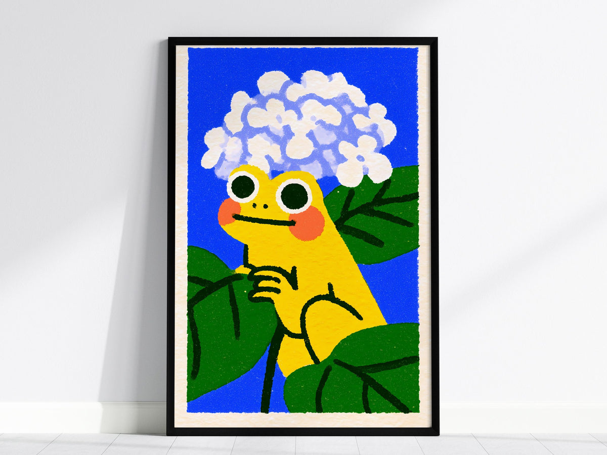 Toad with Hydrangeas Poster | Yellow and Periwinkle Illustrative Art Print | Kids Room Wall Art — framed print on the wall, 2
