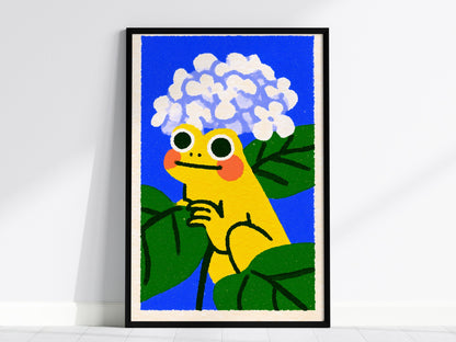 Toad with Hydrangeas Poster | Yellow and Periwinkle Illustrative Art Print | Kids Room Wall Art — framed print on the wall, 2