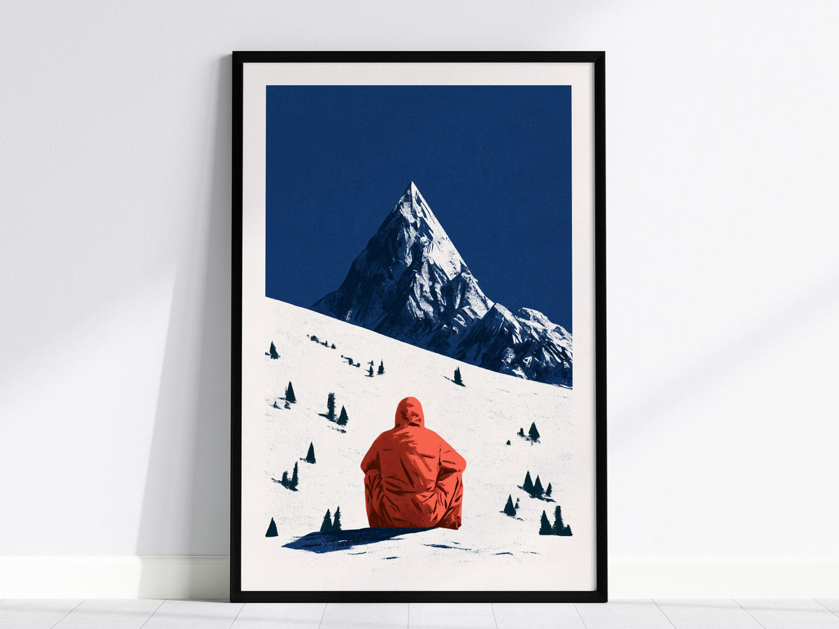 Alone Before Summit Poster | Pink and Cobalt Illustrative Art Print | Adventure Wall Art — framed print on the wall, 24x36 in