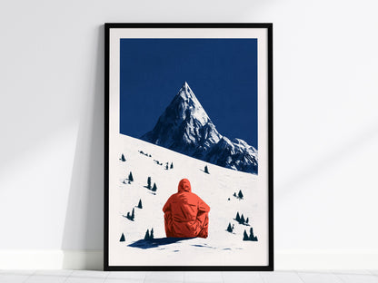 Alone Before Summit Poster | Pink and Cobalt Illustrative Art Print | Adventure Wall Art — framed print on the wall, 24x36 in
