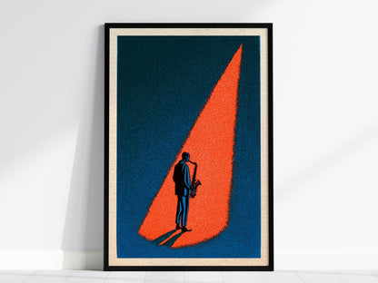 Spotlight Finds Him Poster | Teal and Coral Screen Print Art Print | Jazz Lover Wall Art — framed print on the wall, 24x36 in