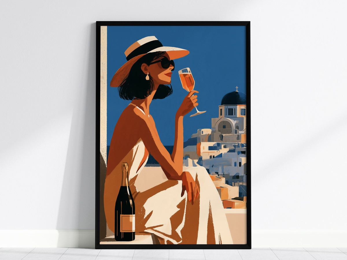 Woman Sips Santorini Poster | Terracotta and Cobalt Illustrative Art Print | Mediterranean Travel Wall Art — framed print on