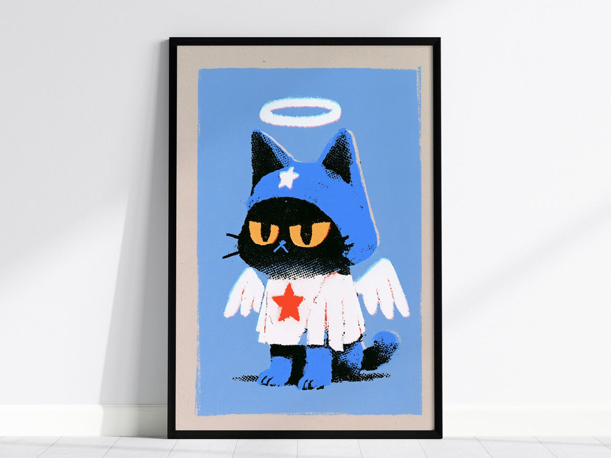 Angel Kitten Stands Poster | Blue and Orange Screen Print Art Print | Kids Room Wall Art — framed print on the wall, 24x36 in