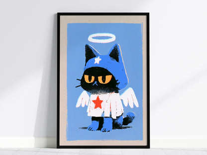 Angel Kitten Stands Poster | Blue and Orange Screen Print Art Print | Kids Room Wall Art — framed print on the wall, 24x36 in