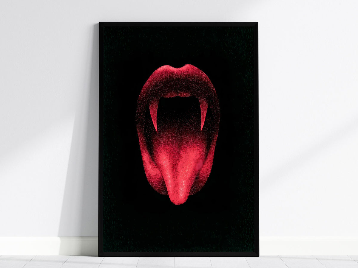 Vampire Smile Poster | Red and Black Pen and Ink Art Print | Goth Wall Art — framed print on the wall, 24x36 in