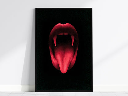 Vampire Smile Poster | Red and Black Pen and Ink Art Print | Goth Wall Art — framed print on the wall, 24x36 in