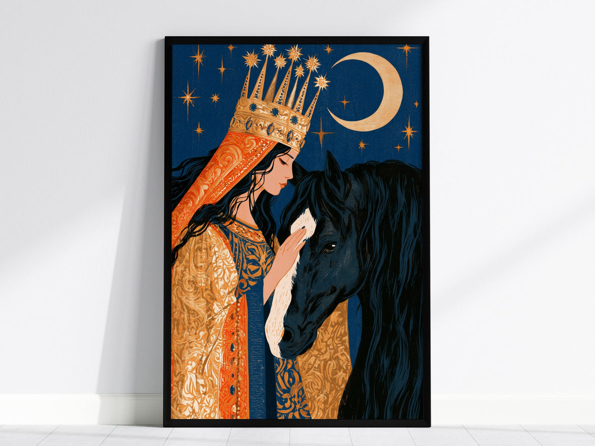 Queen Greets Night Poster | Gold and Midnight Illustrative Art Print | Dark Fantasy Wall Art — framed print on the wall, 24x3