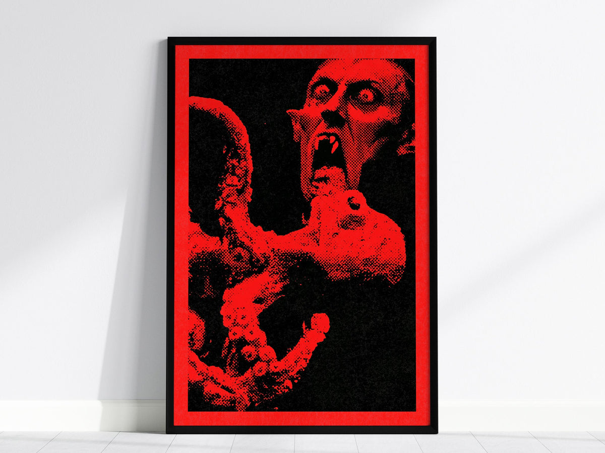 Vampire Grips Prey Poster | Red and Black Screen Print Art Print | Goth Wall Art — framed print on the wall, 24x36 in