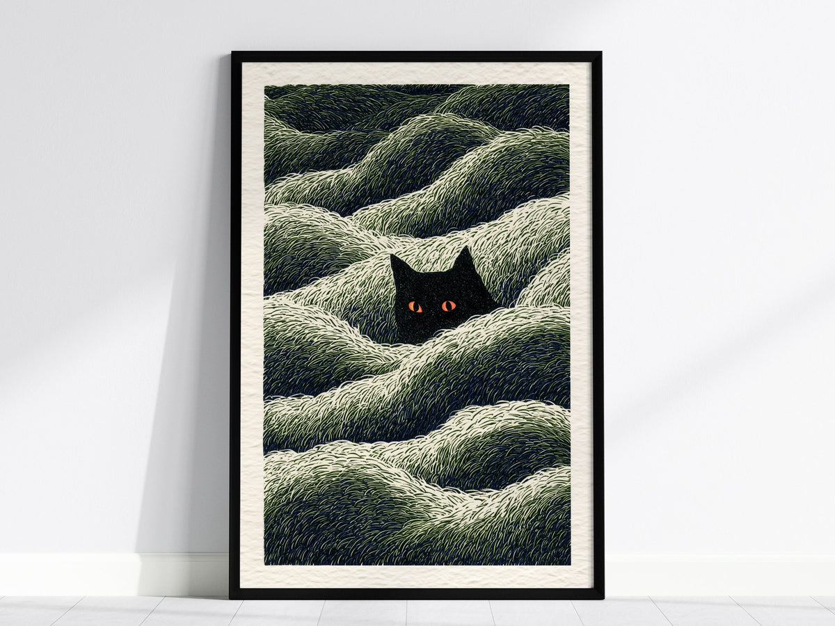 Cat Lurks Deep Poster | Green and Black Pen and Ink Art Print | Dark Fantasy Wall Art — framed print on the wall, 24x36 in