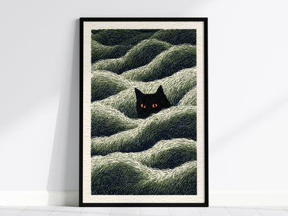 Cat Lurks Deep Poster | Green and Black Pen and Ink Art Print | Dark Fantasy Wall Art — framed print on the wall, 24x36 in