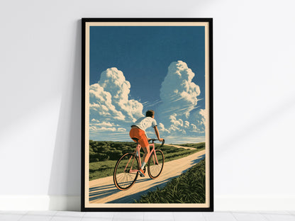 Cyclist Chases Horizon Poster | Blue and Orange Illustrative Art Print | Cycling Wall Art — framed print on the wall, 24x36 i