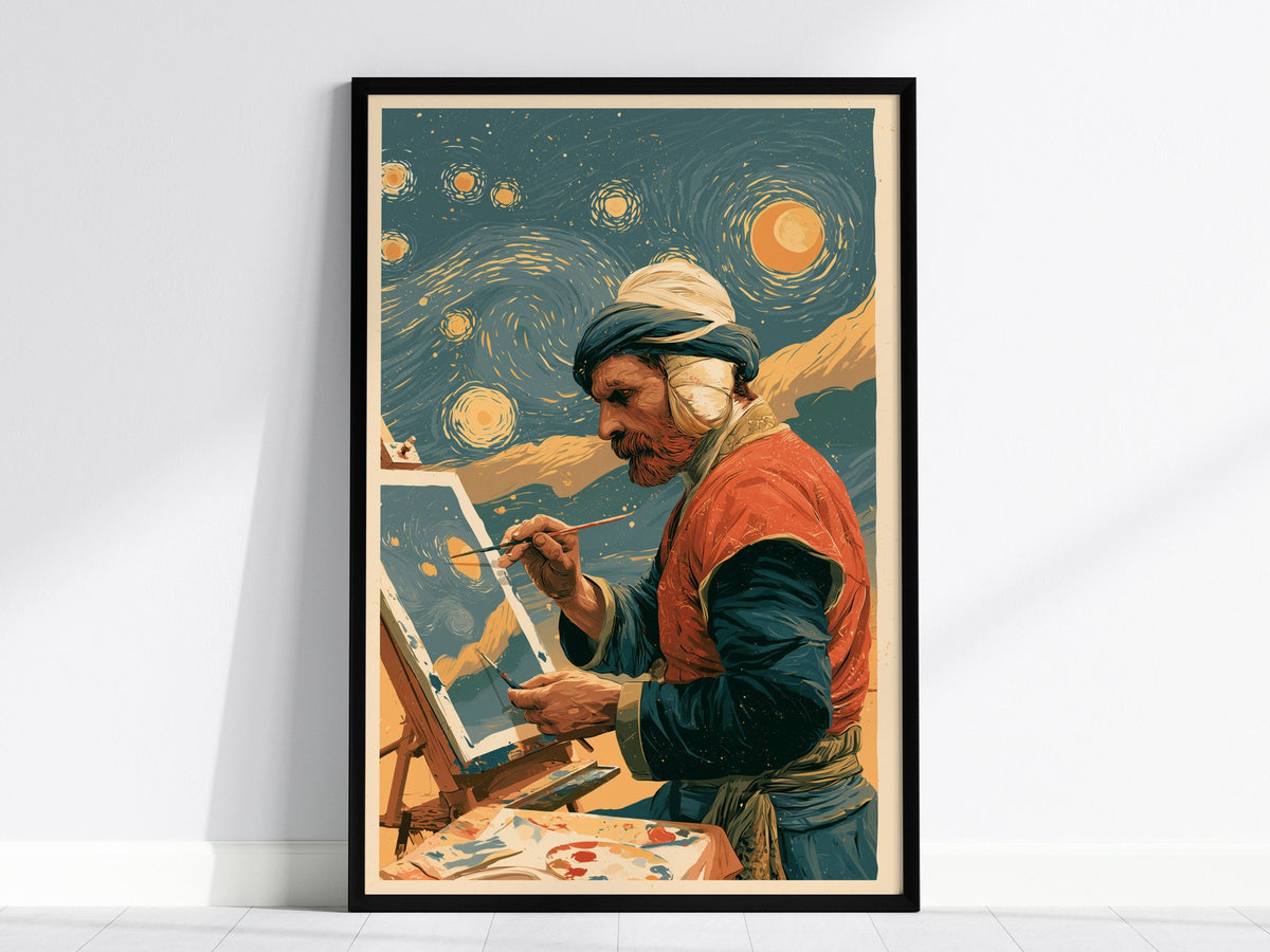 Van Gogh Paints Stars Poster | Teal and Amber Illustrative Art Print | Art History Wall Art — framed print on the wall, 24x36