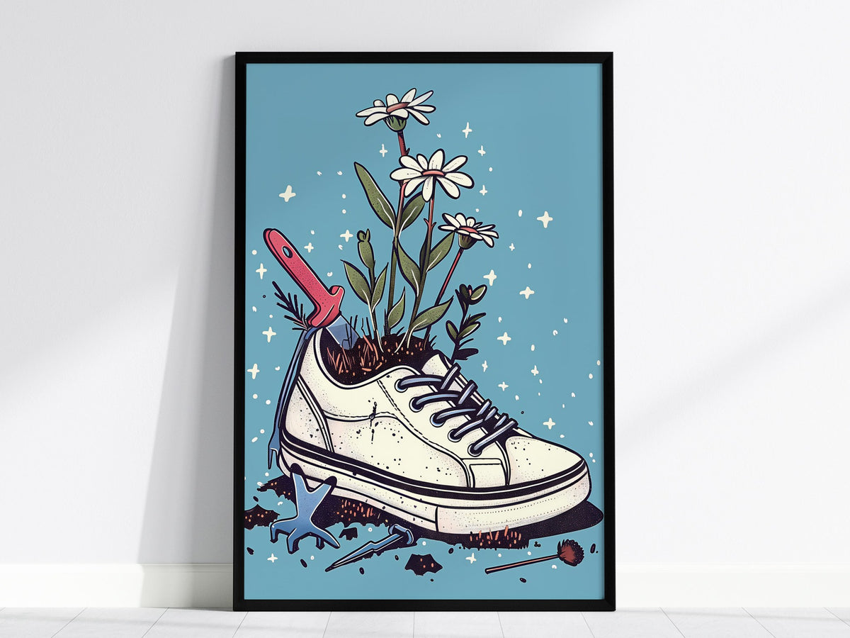 Sneaker Garden Poster | Blue and Coral Illustrative Art Print | Plant Lover Wall Art — framed print on the wall, 24x36 in