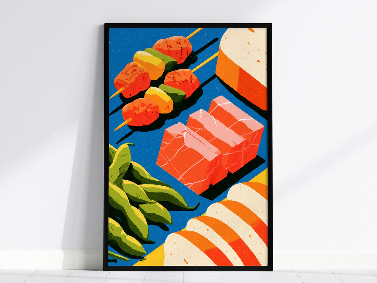 Japanese Seafood Still Life Poster | Cobalt and Coral Illustrative Art Print | Kitchen Wall Art — framed print on the wall, 2
