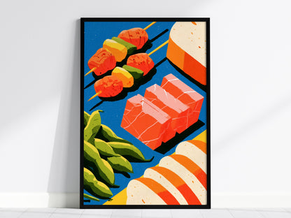 Japanese Seafood Still Life Poster | Cobalt and Coral Illustrative Art Print | Kitchen Wall Art — framed print on the wall, 2