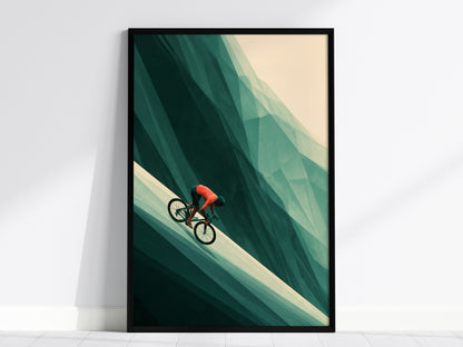 Cyclist Claims Hill Poster | Coral and Forest Low Poly Art Print | Cycling Wall Art — framed print on the wall, 24x36 in