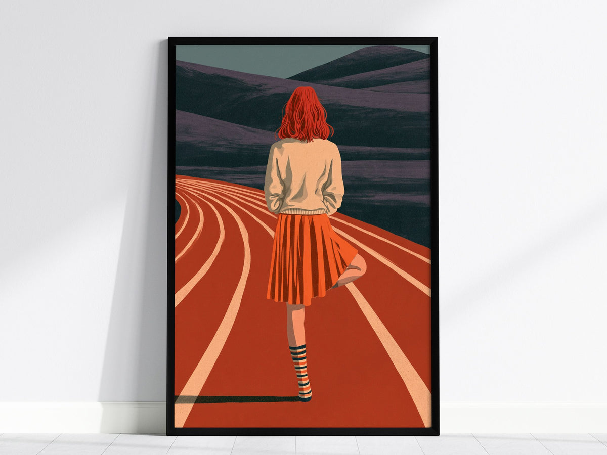 Athlete Reaches Skyward Poster | Rust and Orange Illustrative Art Print | Athletes Wall Art — framed print on the wall, 24x36