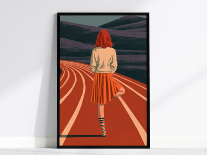 Athlete Reaches Skyward Poster | Rust and Orange Illustrative Art Print | Athletes Wall Art — framed print on the wall, 24x36