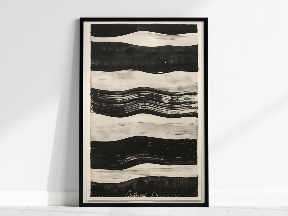 stripe-horizon Poster | Ochre and Navy Minimalism Art Print | Minimalist Wall Art — framed print on the wall, 24x36 in