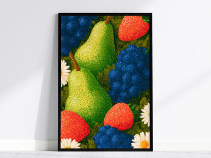 Fruit Bursts Bright Poster | Saturated Primary Illustrative Art Print | Kitchen Wall Art — framed print on the wall, 24x36 in