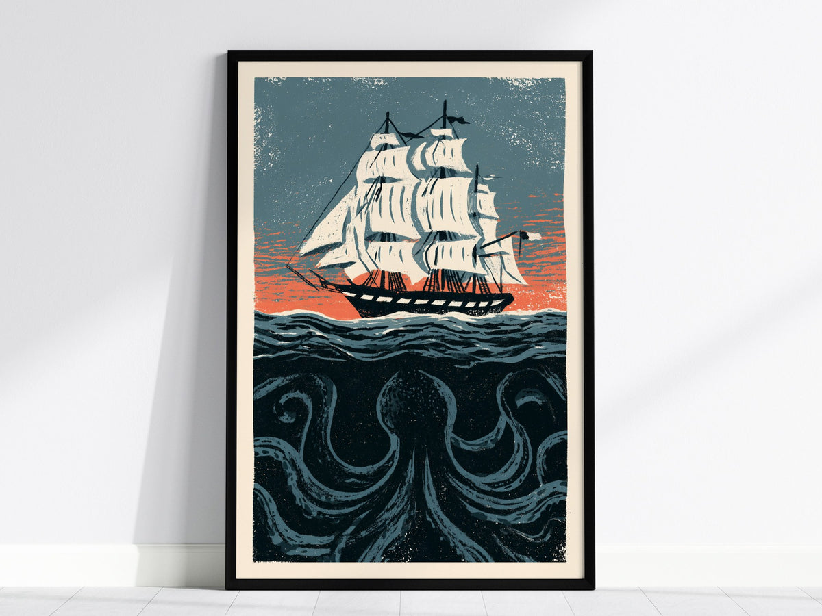 Kraken Under Sail Poster | Teal and Cream Illustrative Art Print | Nautical Folk Art Wall Art — framed print on the wall, 24x
