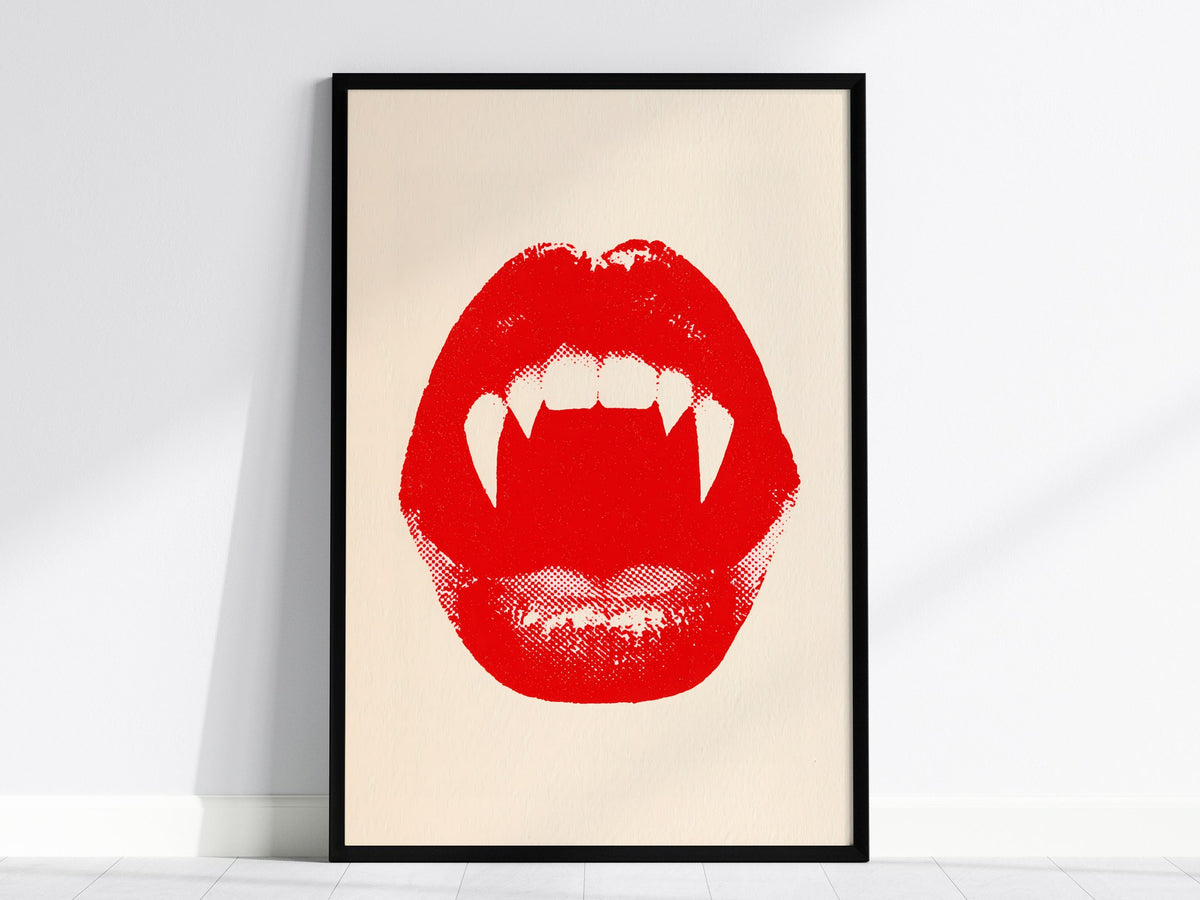 Vampire Bite Poster | Red and Cream Screen Print Art Print | Goth Wall Art — framed print on the wall, 24x36 in