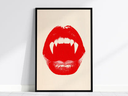 Vampire Bite Poster | Red and Cream Screen Print Art Print | Goth Wall Art — framed print on the wall, 24x36 in